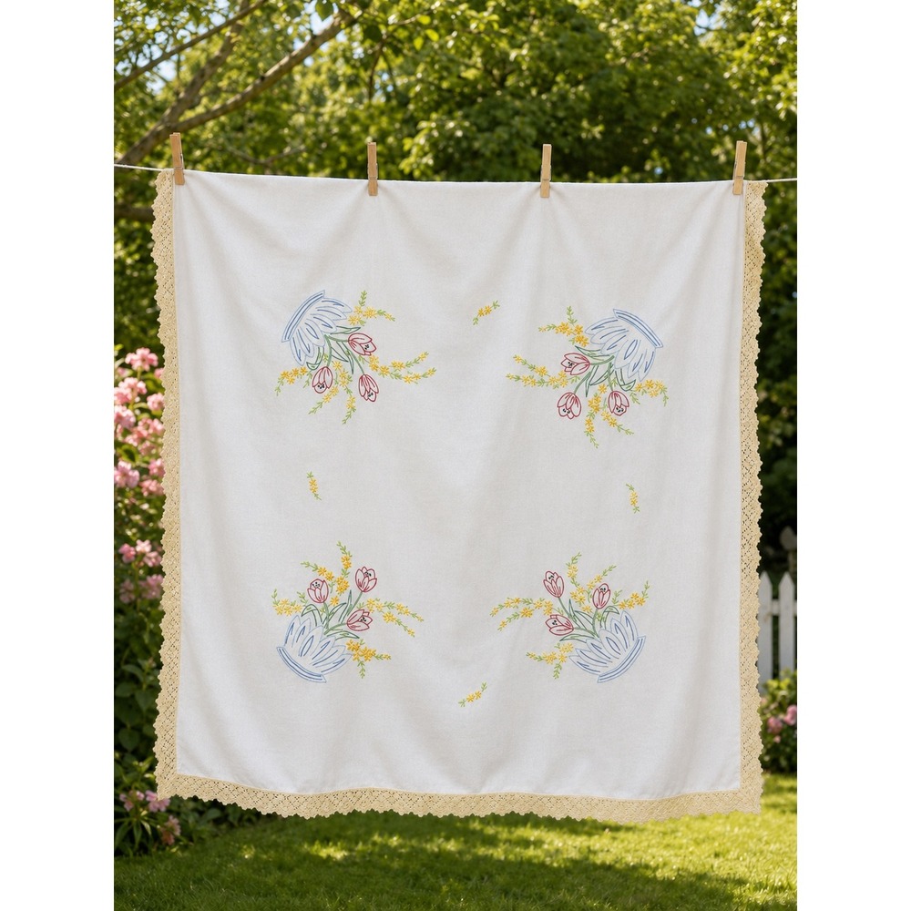 Vintage Hand Embroidered Floral Tablecloth Crochet Lace Trim Tulips Square White